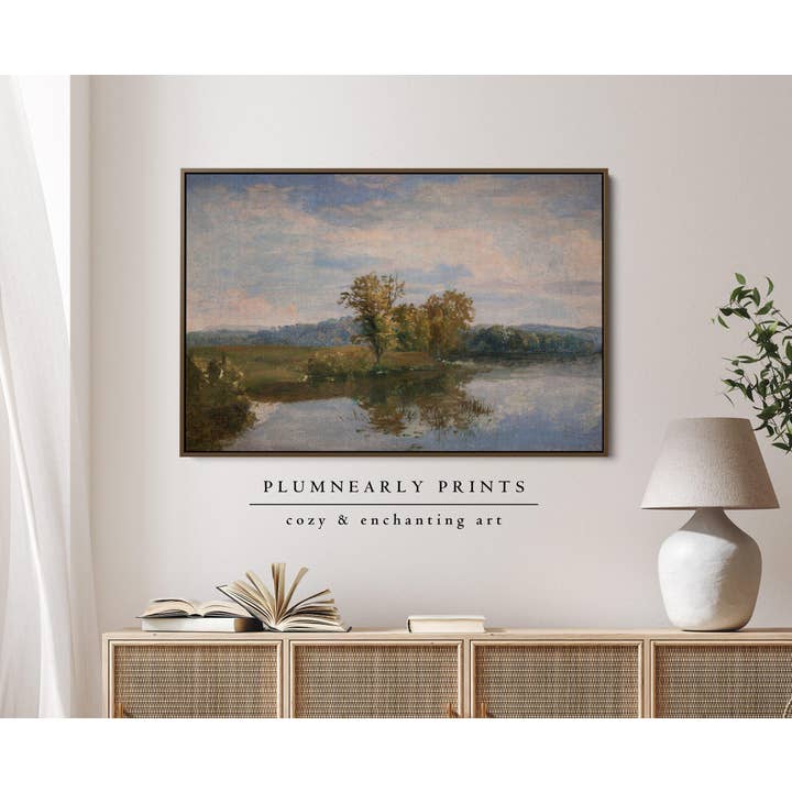 Plumnearly Prints - Wholesale Canvas Art - Sage Green Blue Lake Landscape Painting Framed Canvas Art 52