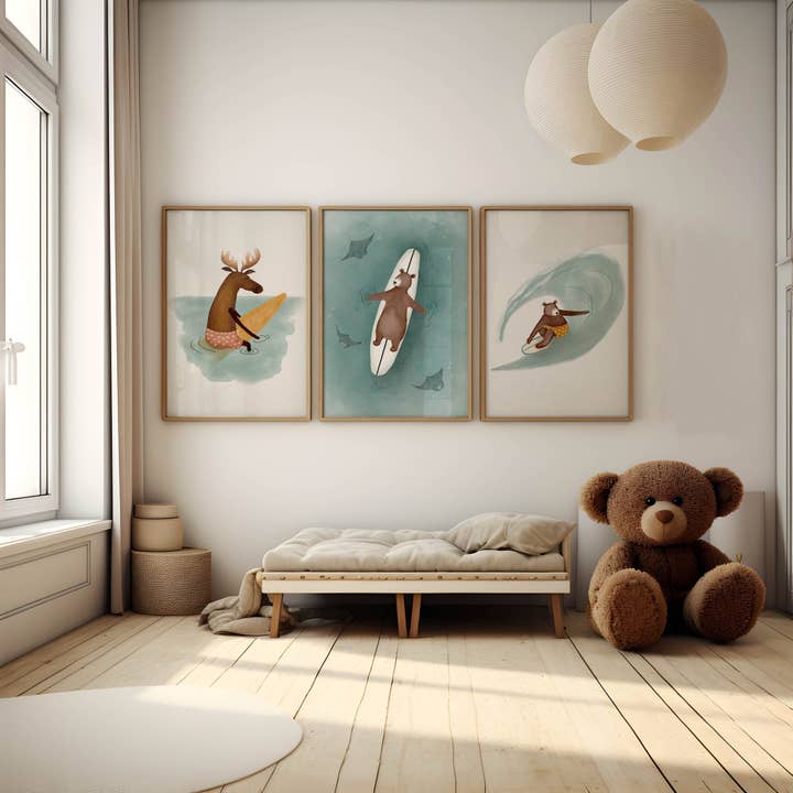 Set med tre konsttryck för surf-temat rum, surfväggkonst för wholesale av Urchin Bay