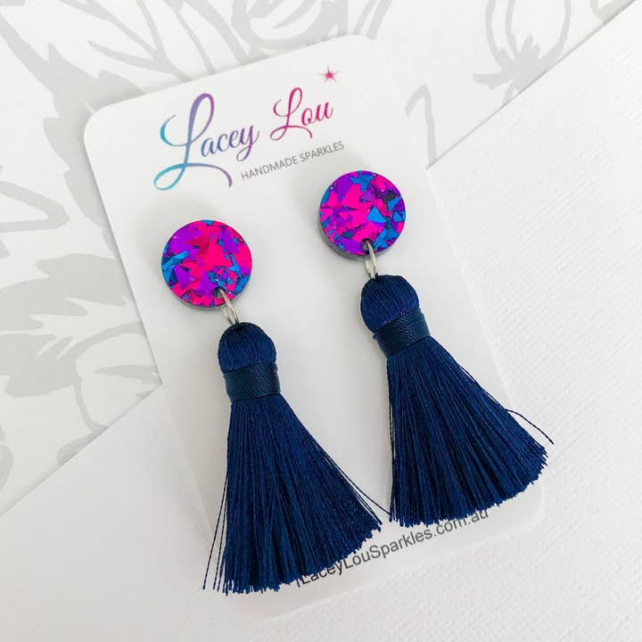 Large Silk Tassel Earring - Navy Blue for wholesale by Lacey Lou Sparkles