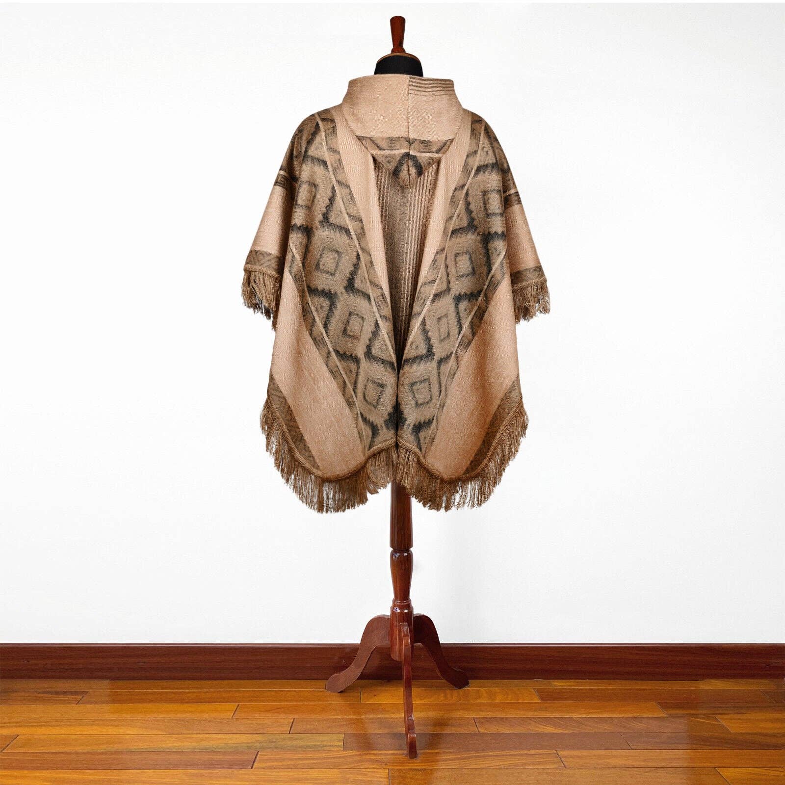 ECUALAMA – wholesale Poncho – Women's – Conambo - Lightweight Baby Alpaca Fringed Hooded Poncho - Taupe & Charcoal - Unisex10