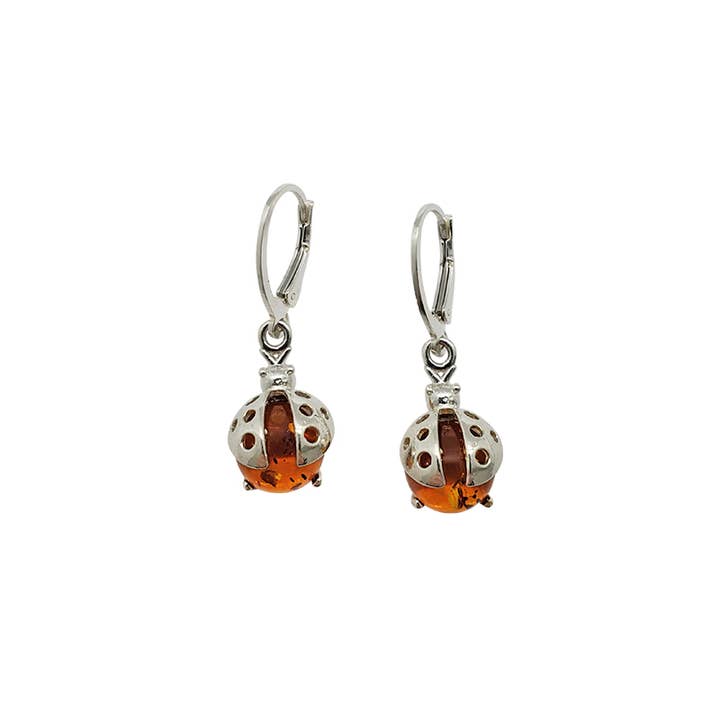 Amberman - Venta al por mayor Pendientes colgantes - Pendientes con ganchos de plata de ley con ámbar y coñac Ladybug