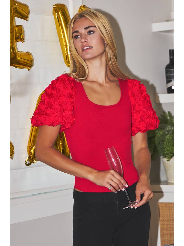 Oddi - Wholesale Bodysuit - Women's - Rose Petal Bubble Sleeve Ribbed Knit Bodysuit