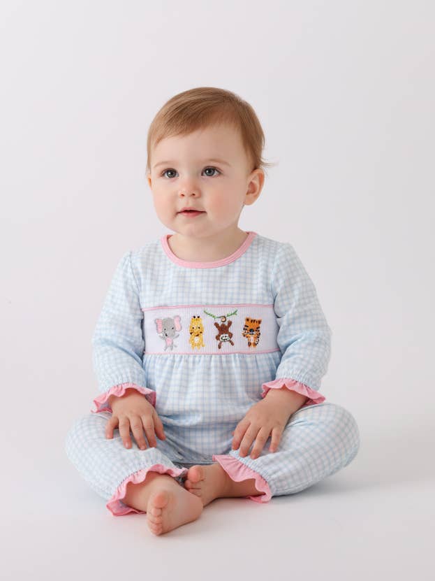 Blue animal smocked ruffle romper for wholesale by Mom & Co.