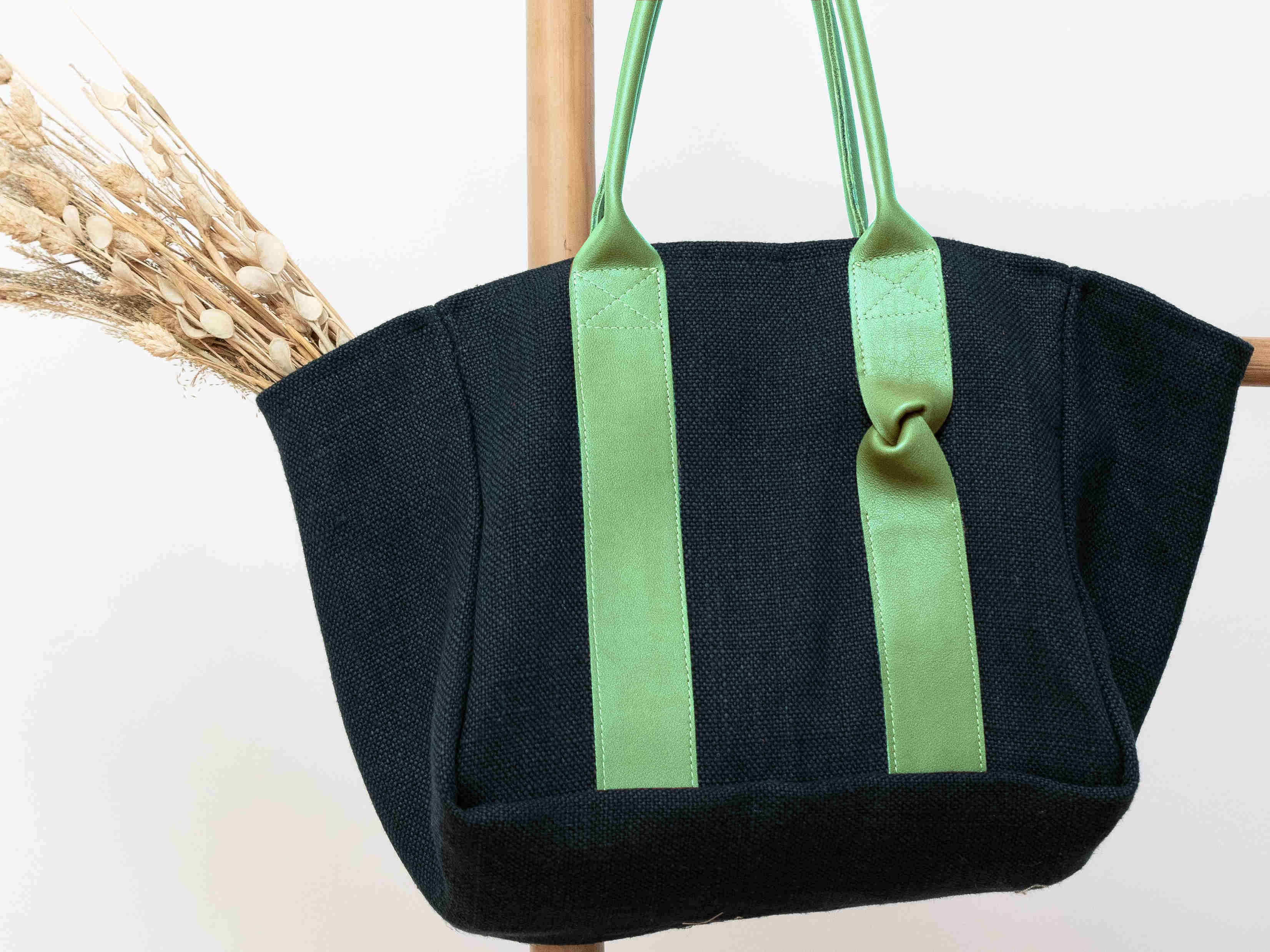 Fossette – Großhandel Tragetasche – Damen – Tragetasche - schwarzer Hanf, Fichte, Kamelleder2