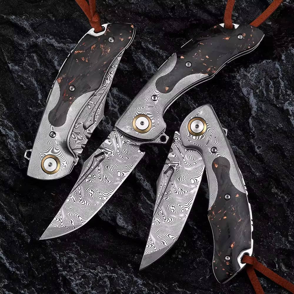 Shokunin USA - Wholesale Pocket Knife/Holder - Kronos Damascus Pocket Knife With Carbon Fiber Handle3