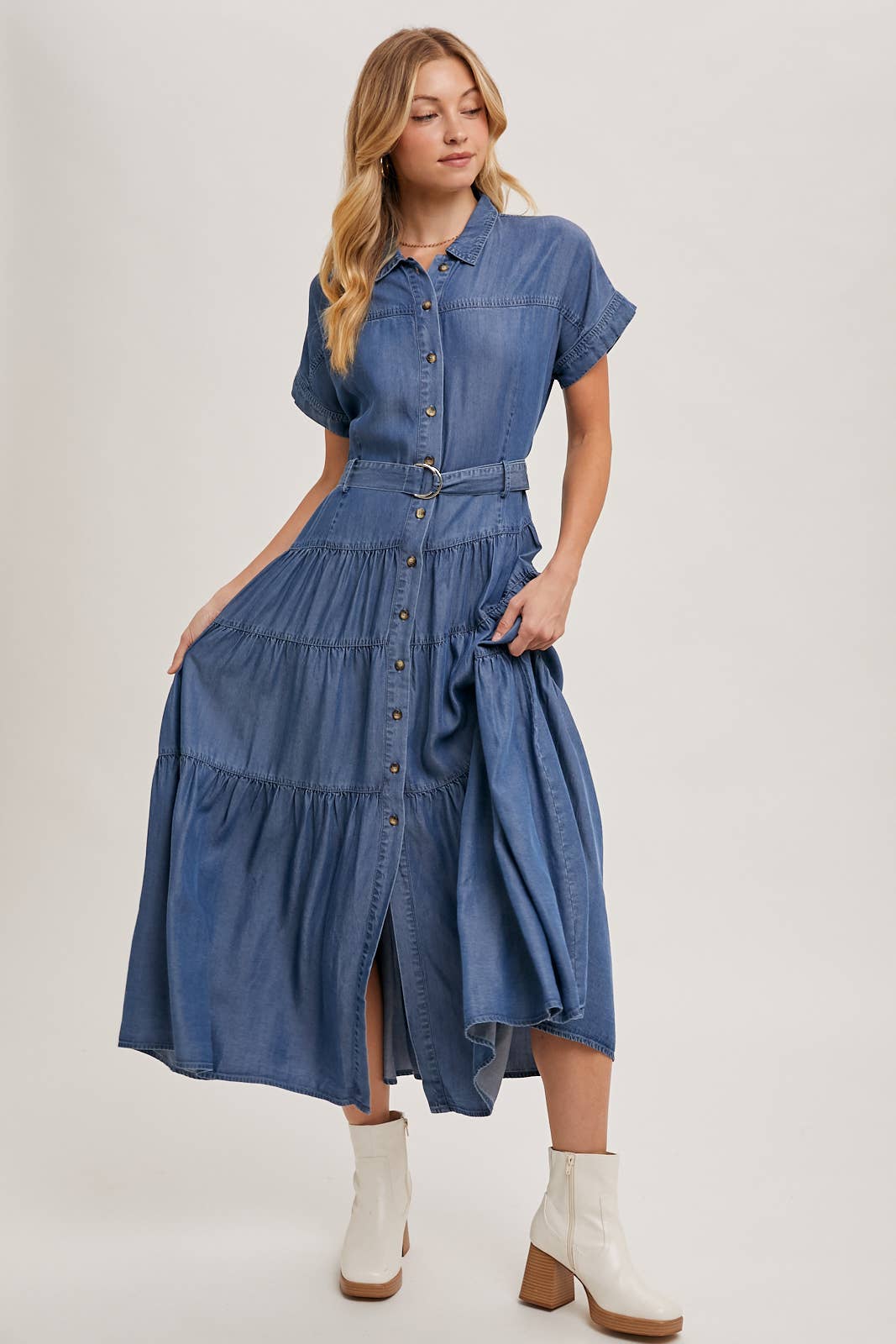 Bluivy - Wholesale Dress - Women's - BUTTON FRONT SHORT SLEEVED TIERED MAXI DENIM DRESS7