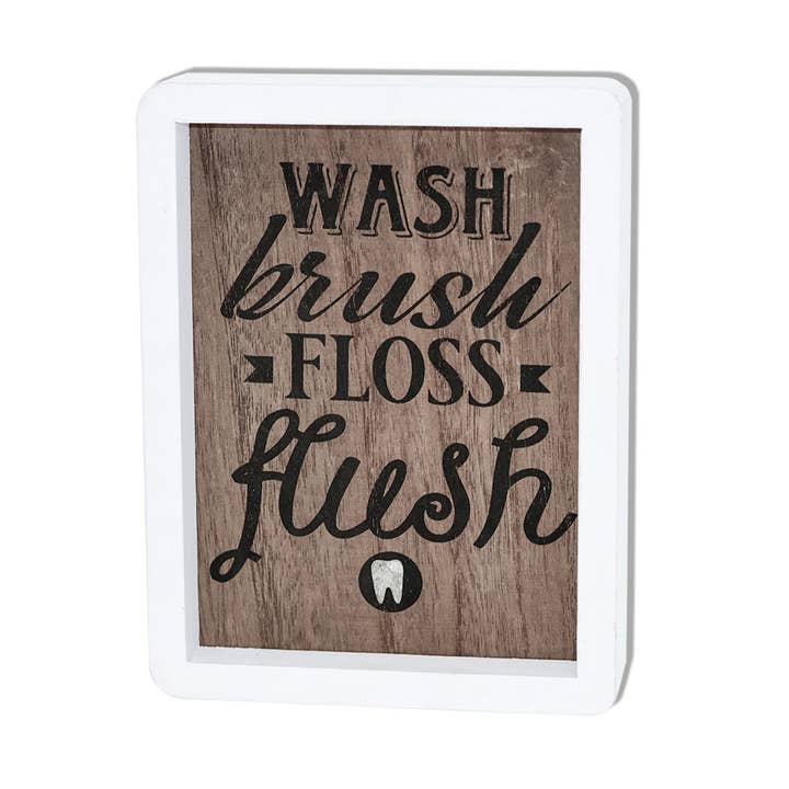 Wash Brush Floss Flush Bathroom Wood Framed Wall Sign for wholesale by Paris Loft Inc