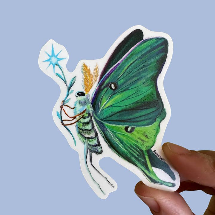 Sticker - Luna Moth - Matte waterproof vinyl for wholesale by Anna Seed Art
