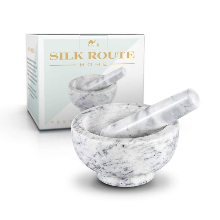 Classic White Marble Pestle & Mortar for wholesale by Silk Route Spice Company