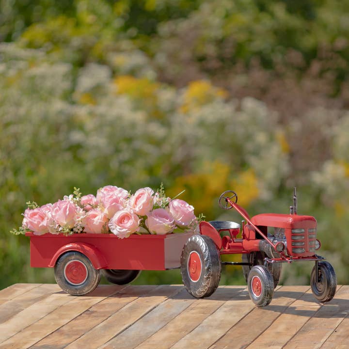 Zaer Ltd. International - Wholesale Christmas Decoration - 3.4 Foot Long Small Red Metal Tractor with Cart1