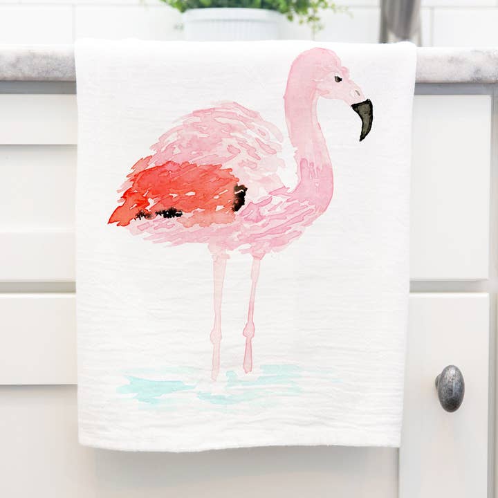 Oh So Chic Designs - Wholesale Tea Towel - Flamingo Watercolor Tea Towel0