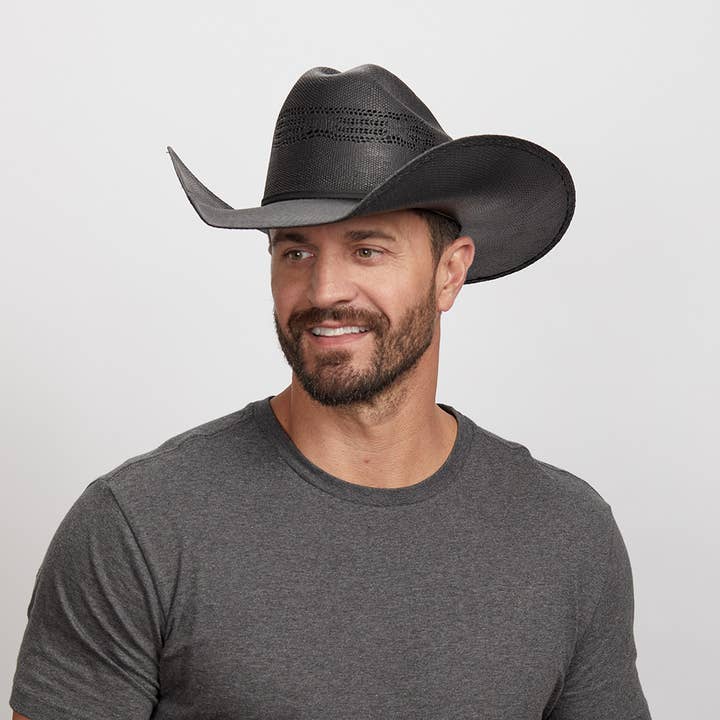 Black Wide Leather Brim Sun Hat - Style Bozeman | Open Sizing 12 for wholesale on Faire