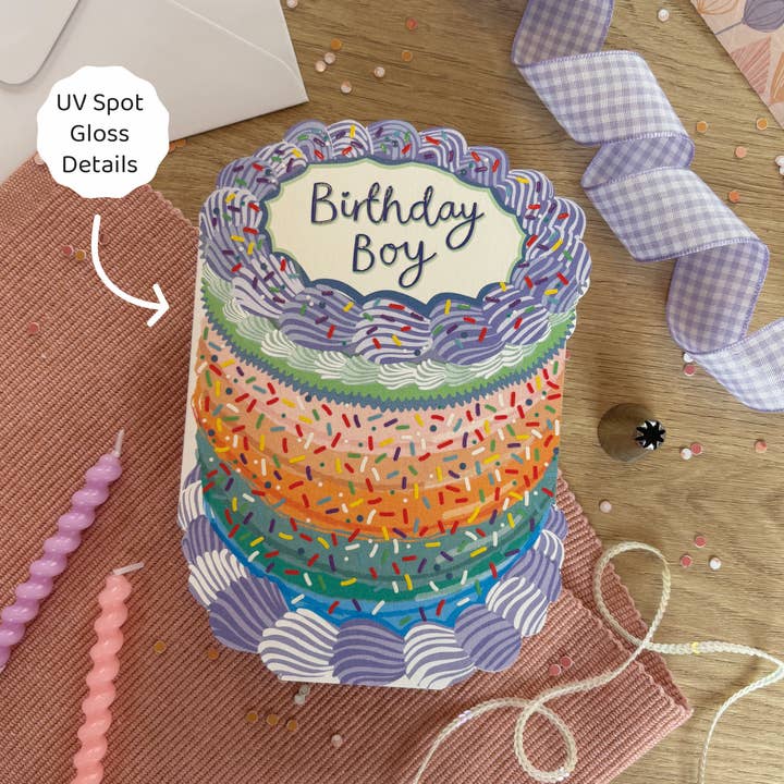 Two For Joy Illustration - Wholesale Birthday Card - Birthday Boy - Birthday Cake Shaped Greeting Card1