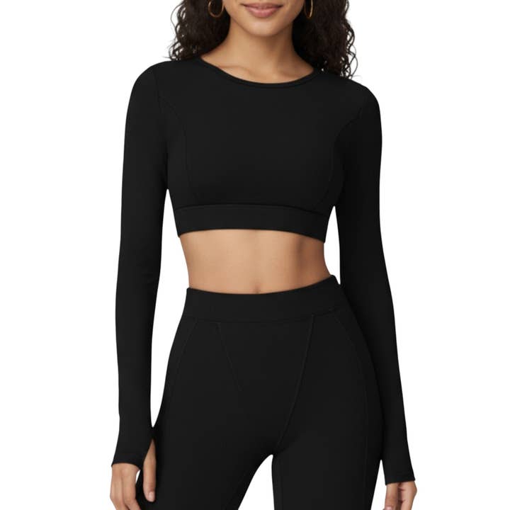 Active by Anna-Kaci - Wholesale Athletic Top - Women's - Ribbed Cropped Long-Sleeve Top with Square Neckline and Contour Seaming18