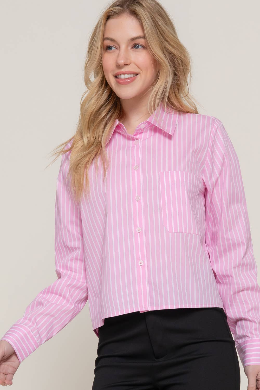Active Basic | Active USA – wholesale Buttoned-down shirt – Women's – Long Sleeve Button Down Stripe Poplin Shirt8