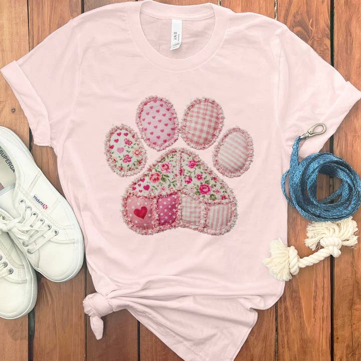 Faux Pink Patchwork Paw T-Shirt for wholesale by Puppy Jo