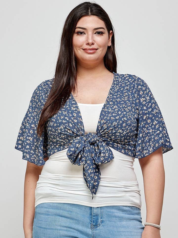 Plus Size Ditsy Floral Print Cropped Bolero Cardigan for wholesale by CC Wholesale Clothing