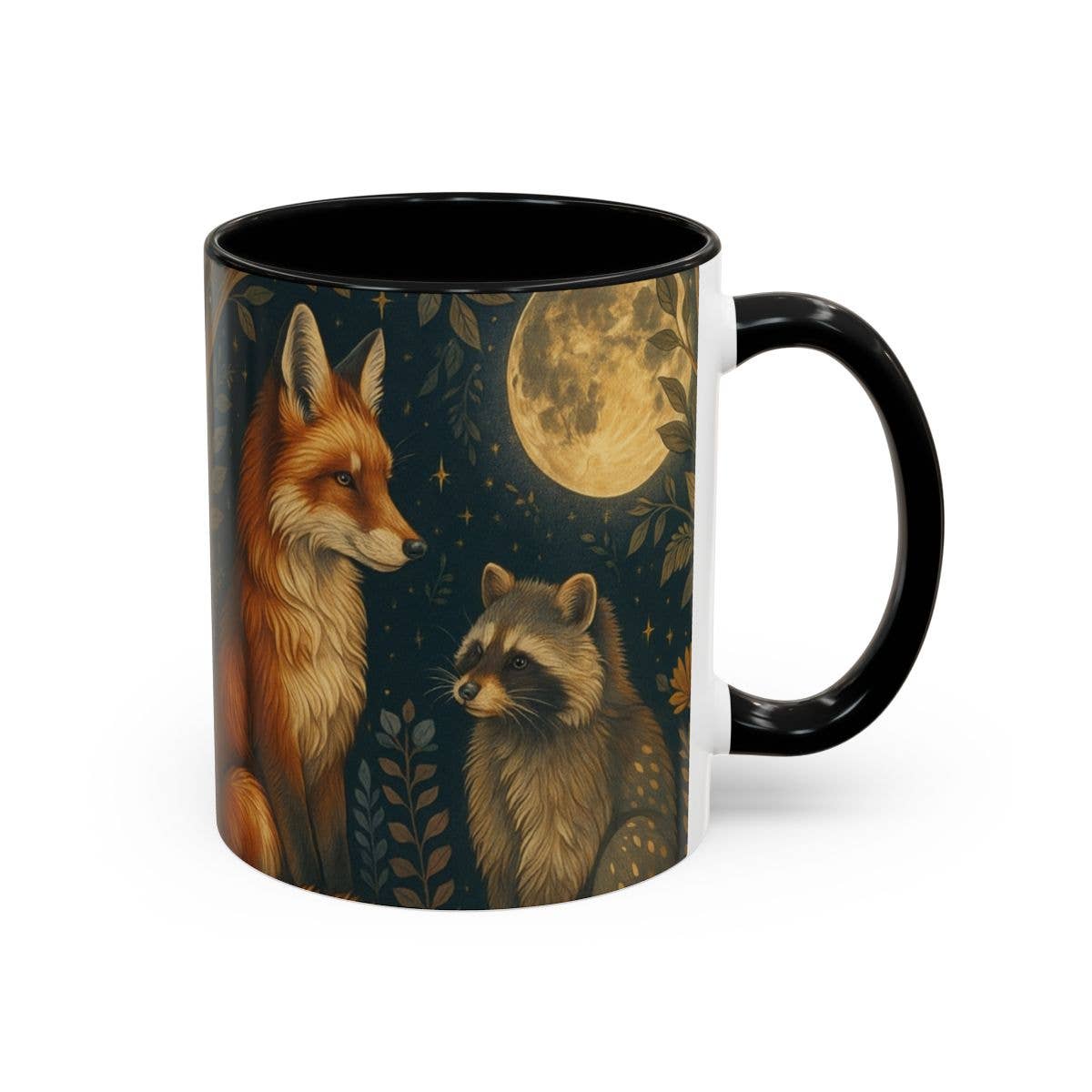 Upside Down Owl Farm - Vente Tasse à café - Tasse Woodland Fox & Raccoon Moon, Mug en céramique noire1