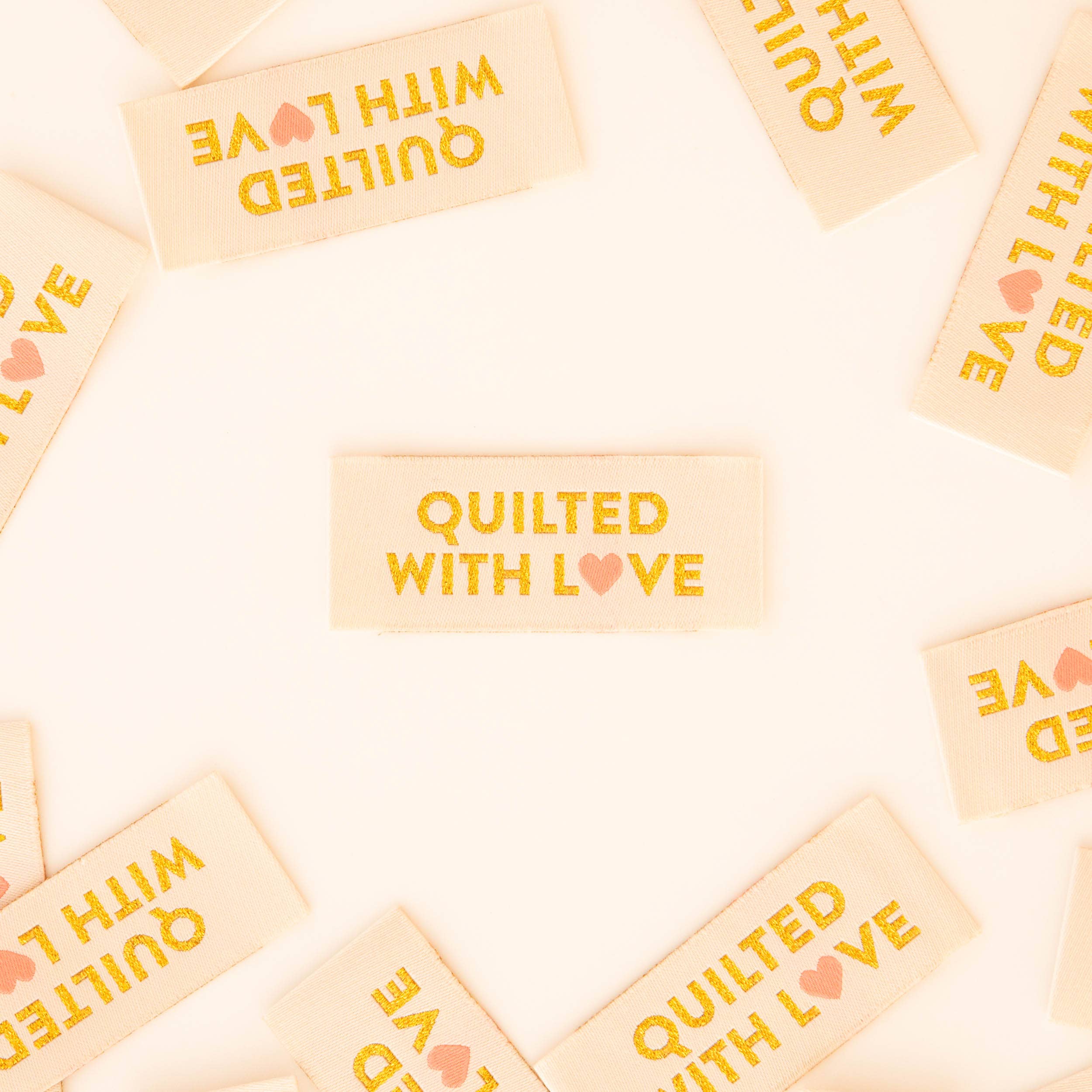 Sarah Hearts – wholesale Craft supplies – Quilted with Love Gold Woven Sewing Labels Tags1