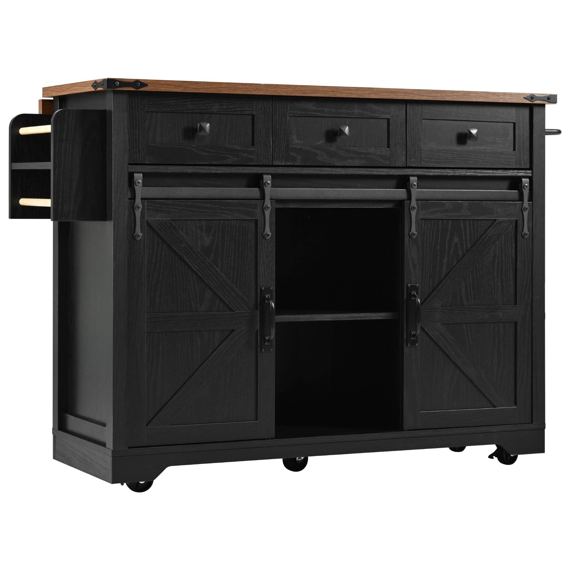 Orange County Decor - Wholesale Kitchen Storage/Organizer - K&K 53.7" Farmhouse Kitchen Island With Power Outlet, 2 Sliding Barn Door Kitchen Storage Island With Drop Leaf, Spice Rack Rolling Kitchen Cart On Wheels, For Home, Kitchen And Dining Room, Black3