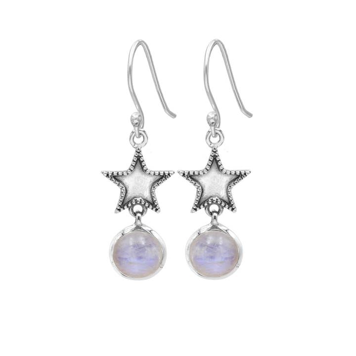 Boucles d'oreilles en pierre de lune arc-en-ciel : Bijoux design étoile en argent 925 pour la vente par Jay Jools
