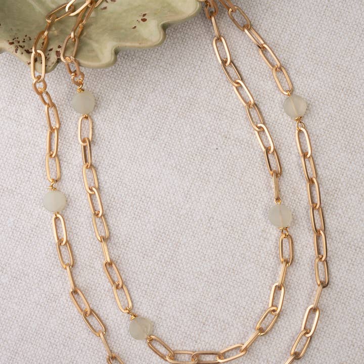 Matte Gold Paperclip chain necklace with jade for wholesale by ali & bird jewelry