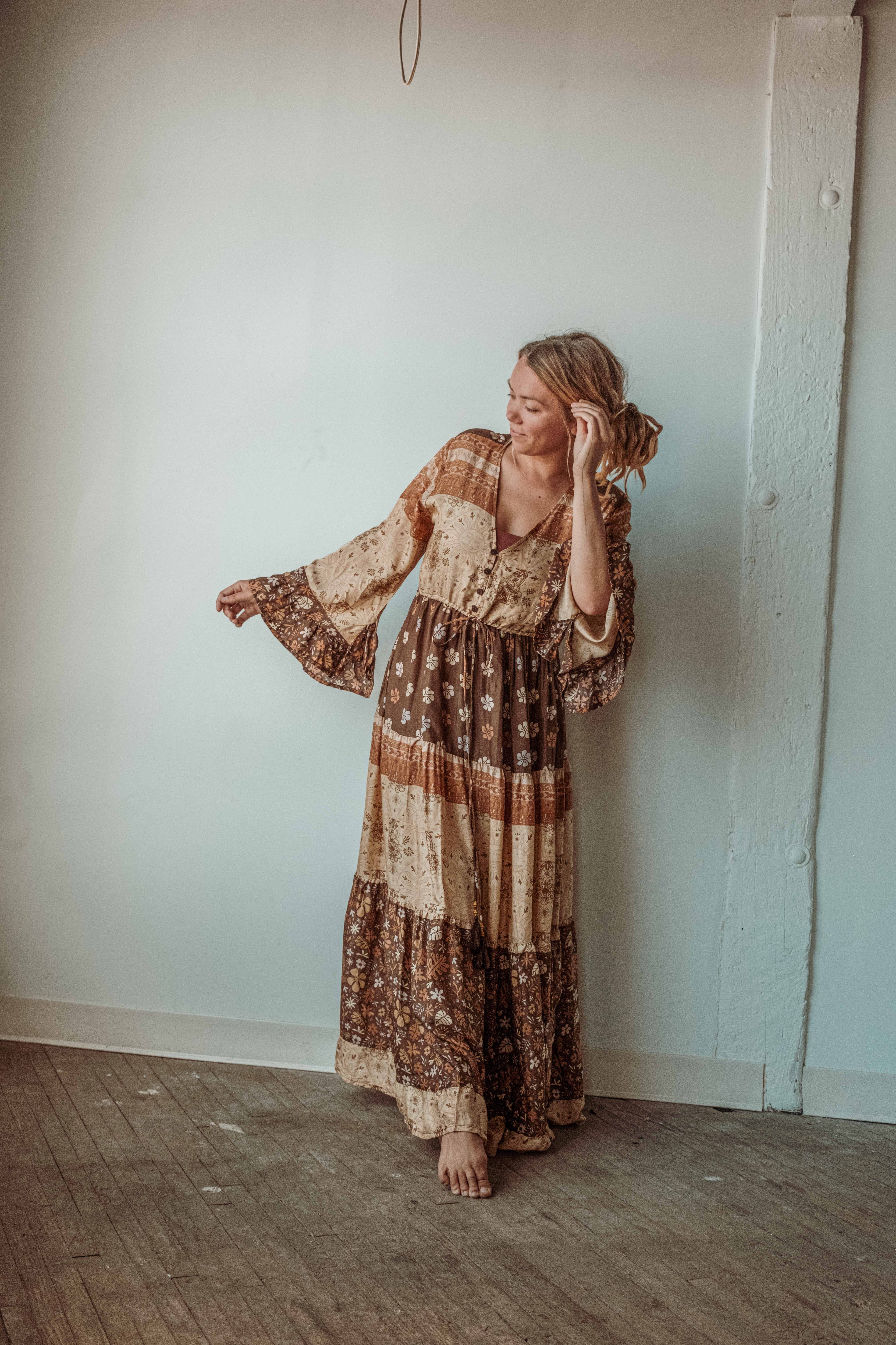 Gardenbelle Shop – wholesale Dress – Women's – Boho Hippie Maxi Dress, Earthy Solstice Bell Sleeve Dress2