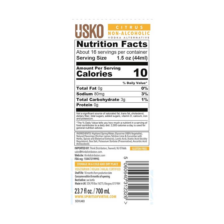 Think Distributors - Wholesale Non-Alcoholic Spirits/Wine/Beer - USKO Citrus Non-Alcoholic Vodka 0.0% ABV1