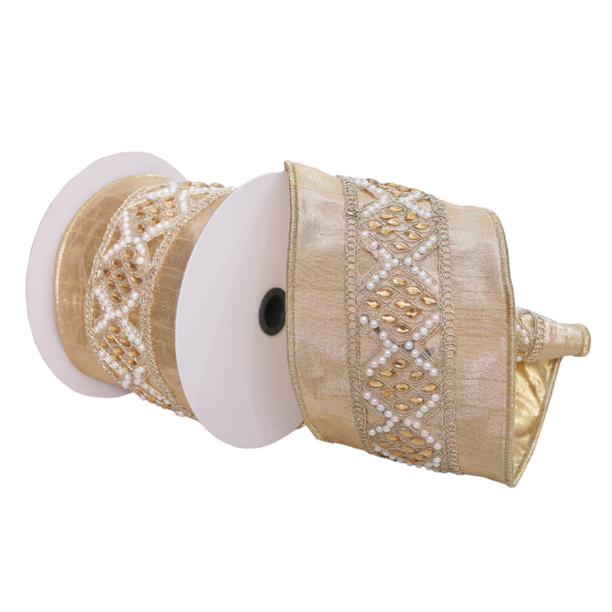 Vickerman 4"x5yd Gold Pearl/Jewels Ribbon for wholesale on Faire0