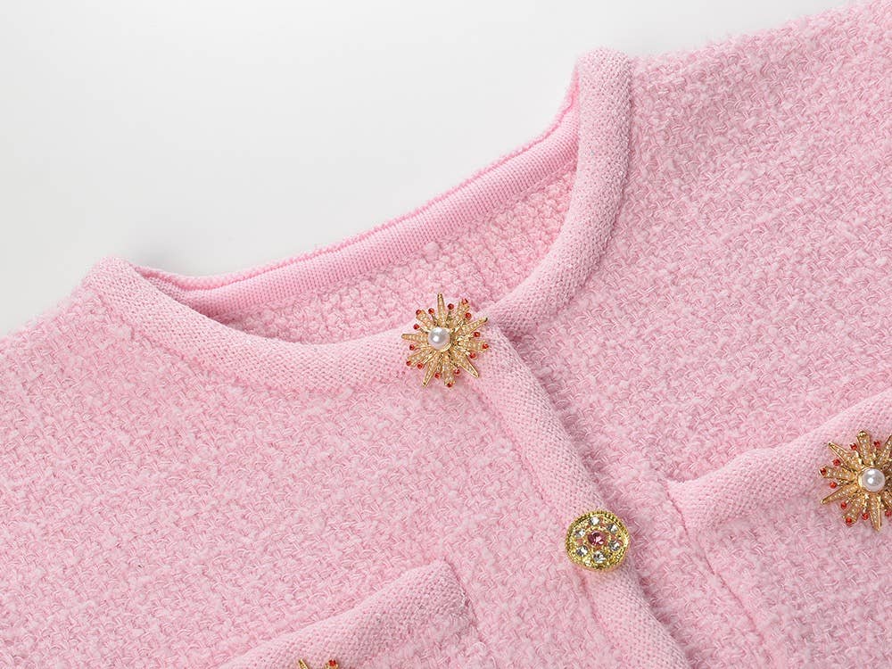 Productseeker – Großhandel Set aus Oberteil und Rock – Damen – SET45Y Tweed-Strick-Set mit kurzem Oberteil und Rock in Diamantknopf-Design11