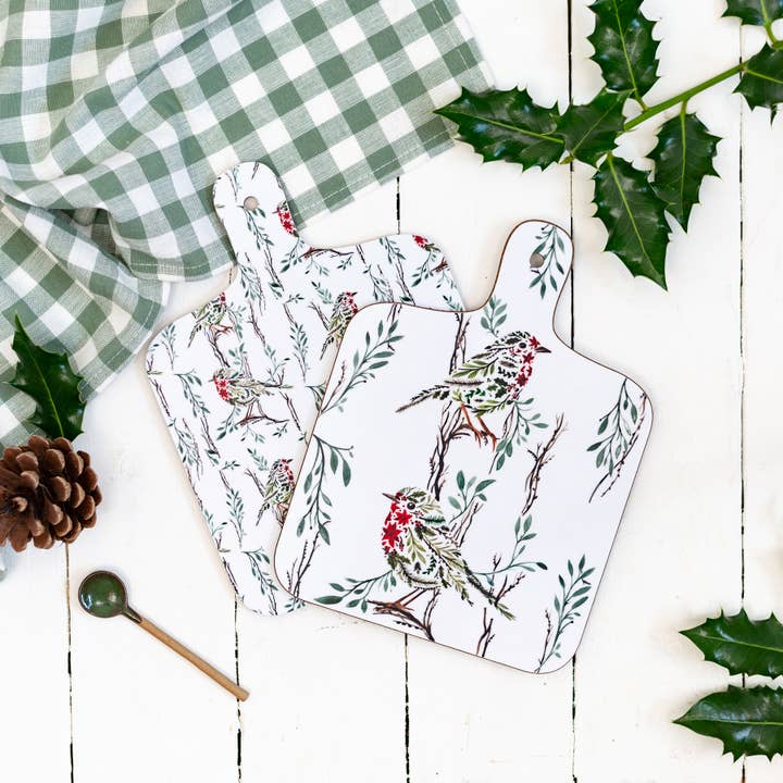Sarah Leask Studio – wholesale Cutting board – Poinsettia Robin Mini Chopping Board