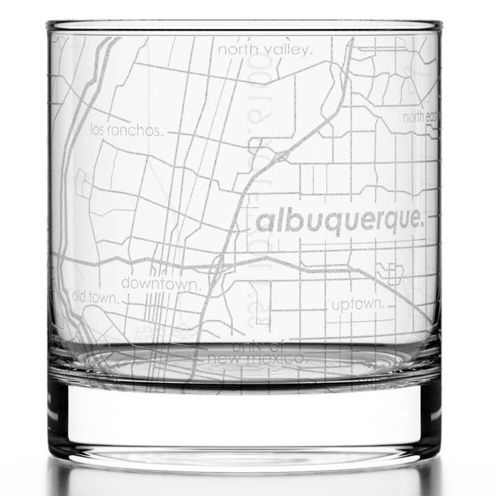 Albuquerque, NM City Map - Etched Whiskey Rocks Glass for wholesale by Well Told