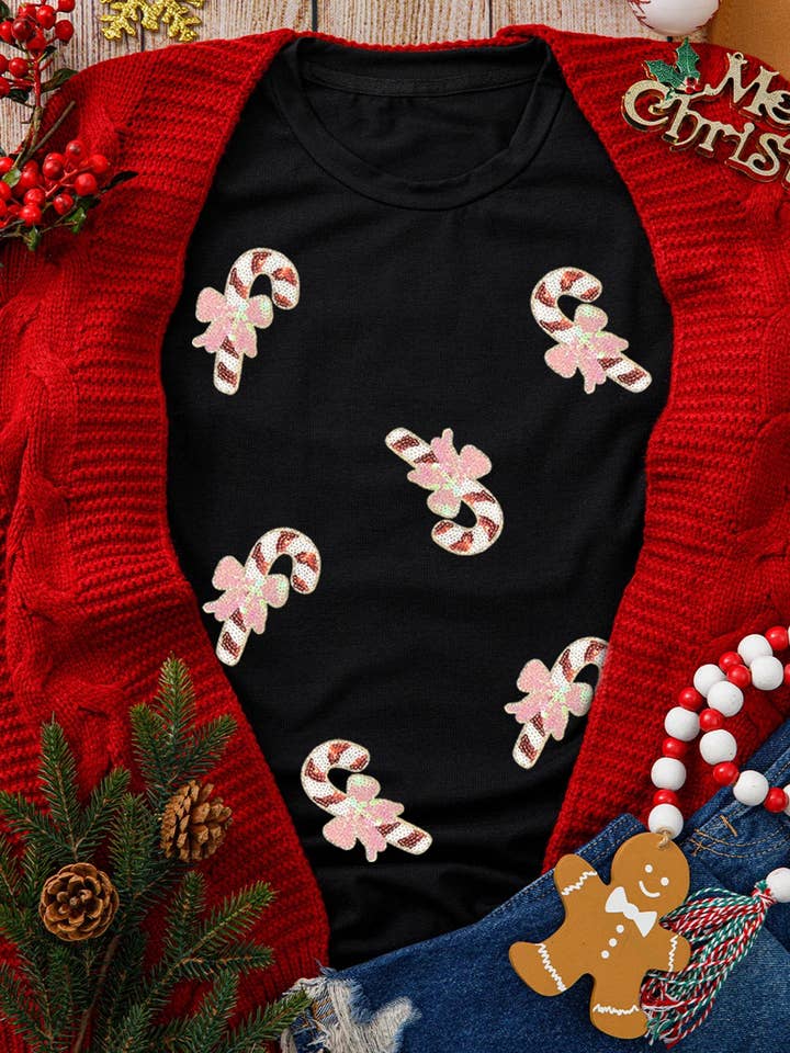 Black Sequined Candy Cane Patched Pattern Holiday T Shirt for wholesale on Faire2