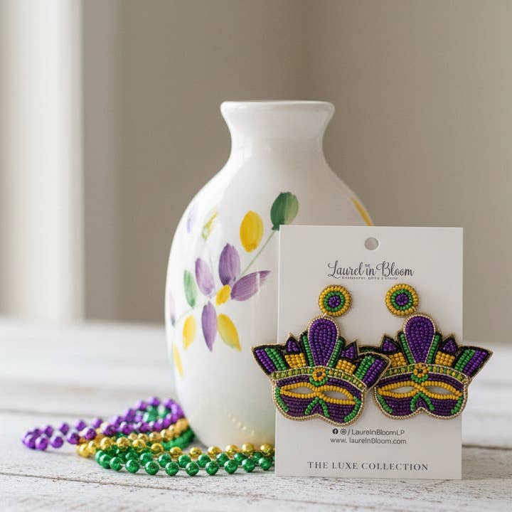 Mardi Gras King Mask LUXE Earrings for wholesale by Laurel in Bloom