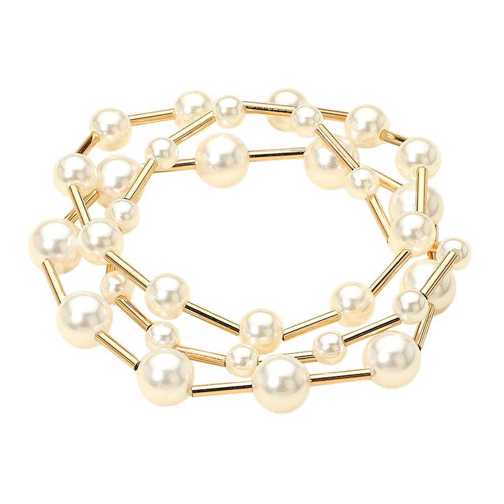 Sensibling Corp. - Wholesale Beaded Bracelet - 3PCS - Pearl Metal Bar Beaded Stretch Multi Layered Bracelets2