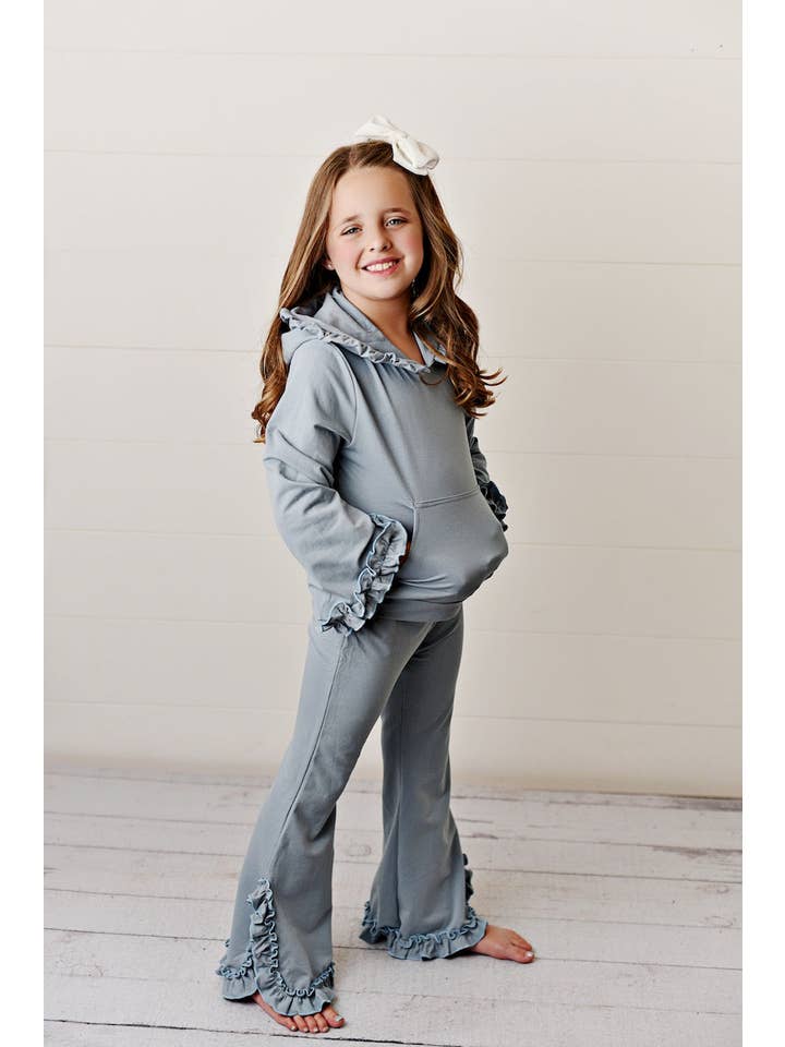 Oopsie Daisy - Wholesale Lounge Set - Kids - Kids Gray Hooded Ruffle Pocket Lounge Set