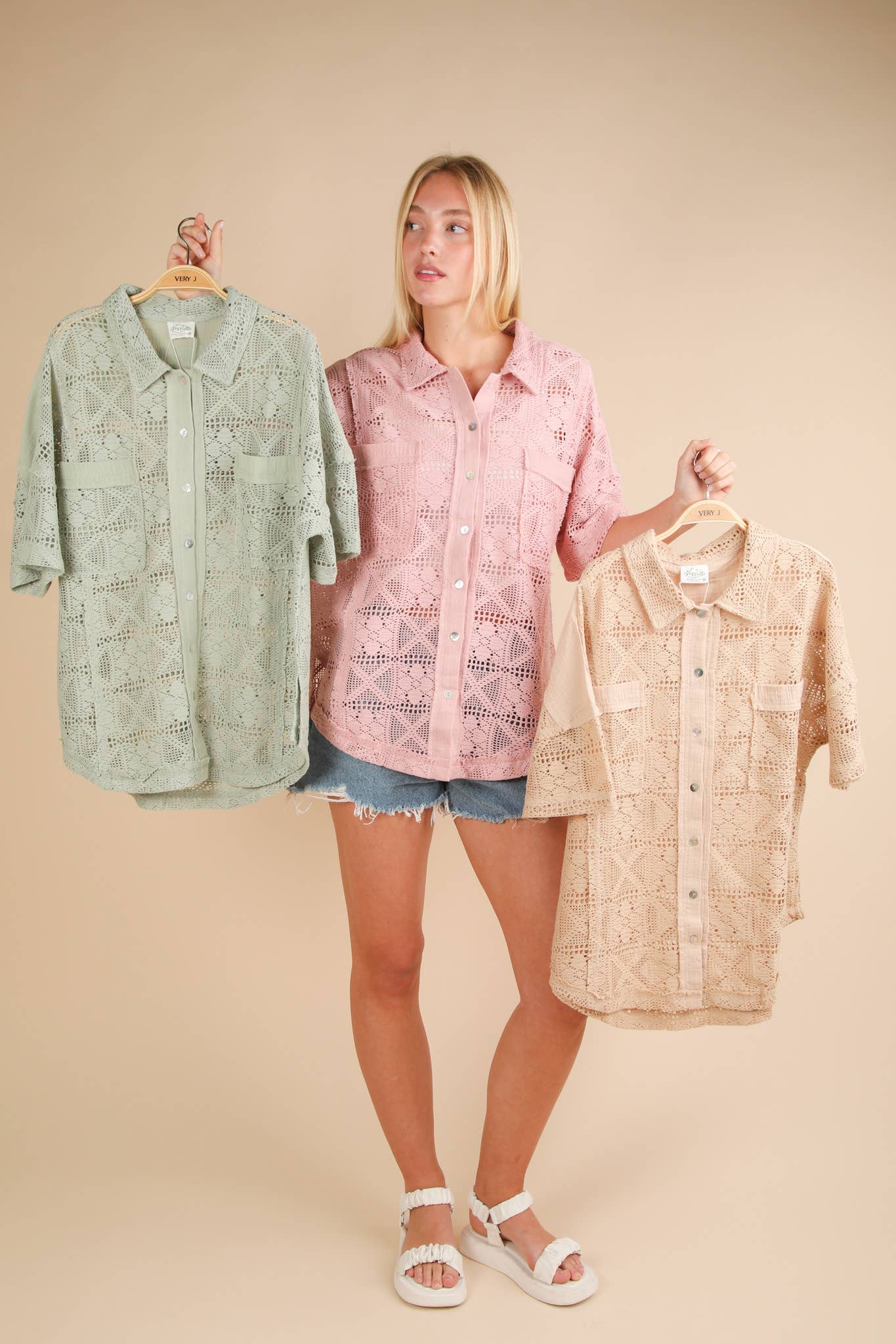 VERY J - Wholesale Jacket - Women's - NT12083-Oversized Crochet Button Down Shirt Top23