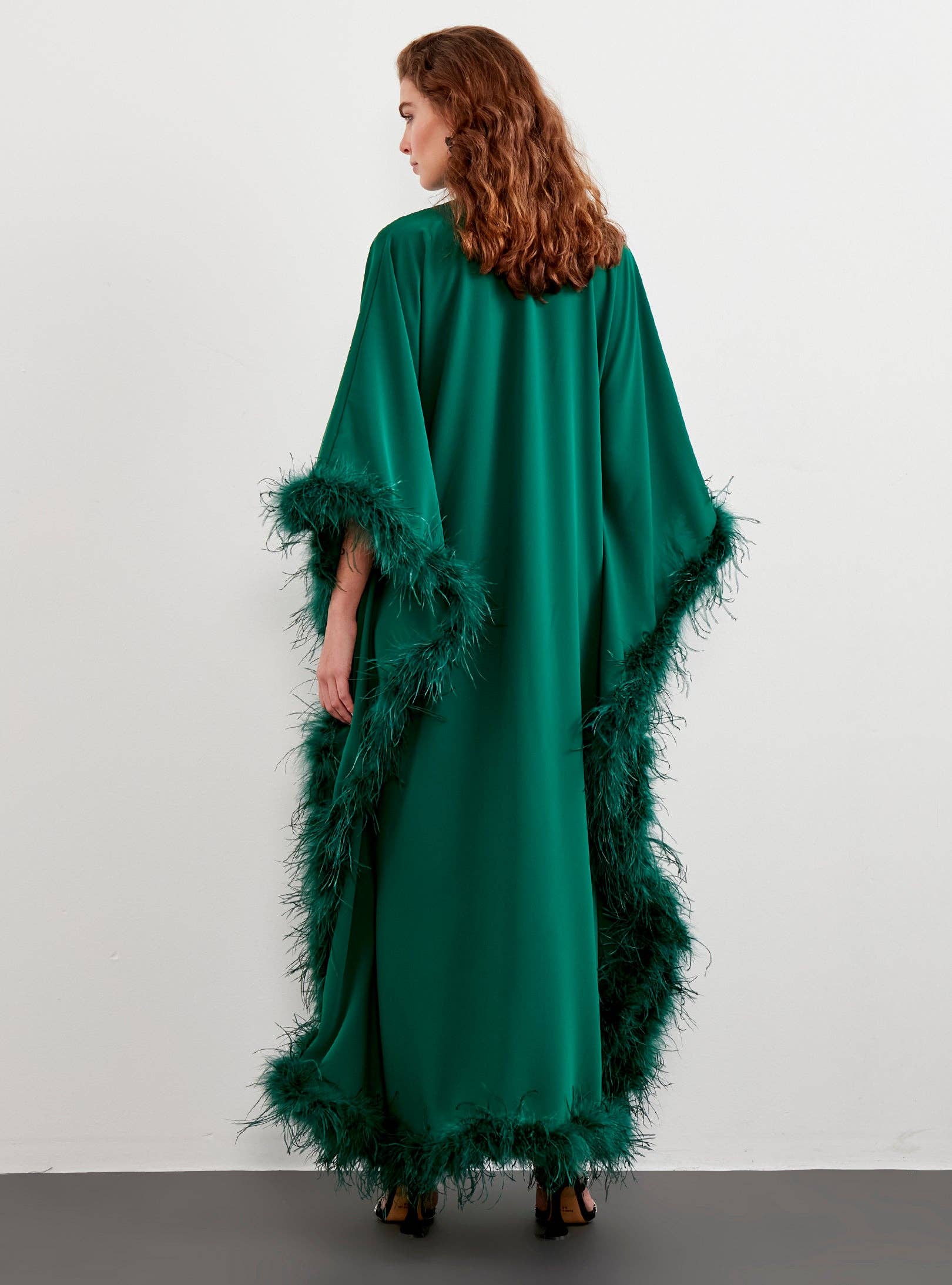 Store WF – wholesale Kaftan – Women's – Feather Trimmed Emerald Kaftan Dress10