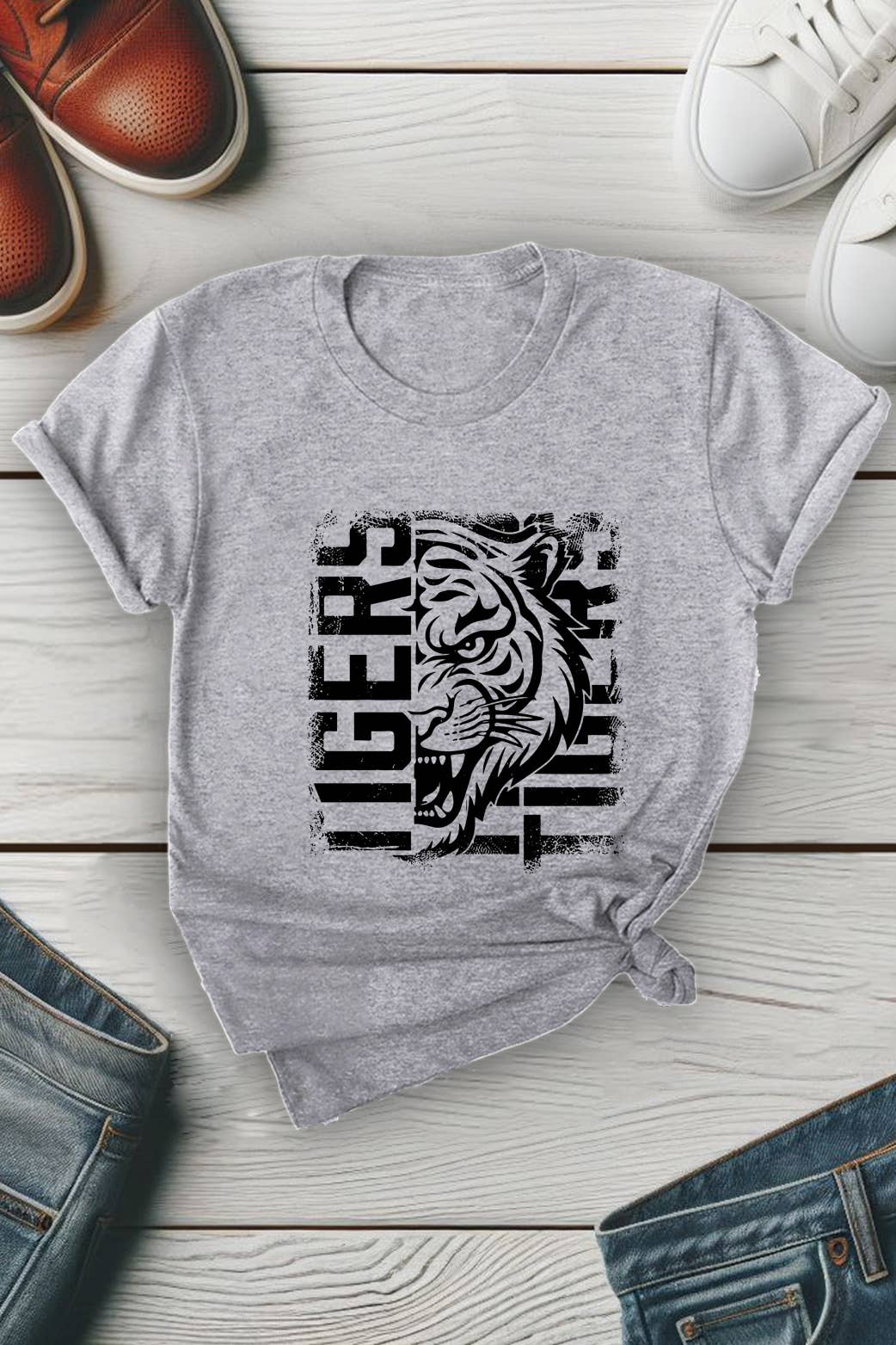 Top Avenue - Vendita all'ingrosso Maglietta stampata - Unisex - T-shirt unisex con scollo tondo con tigre invecchiata7