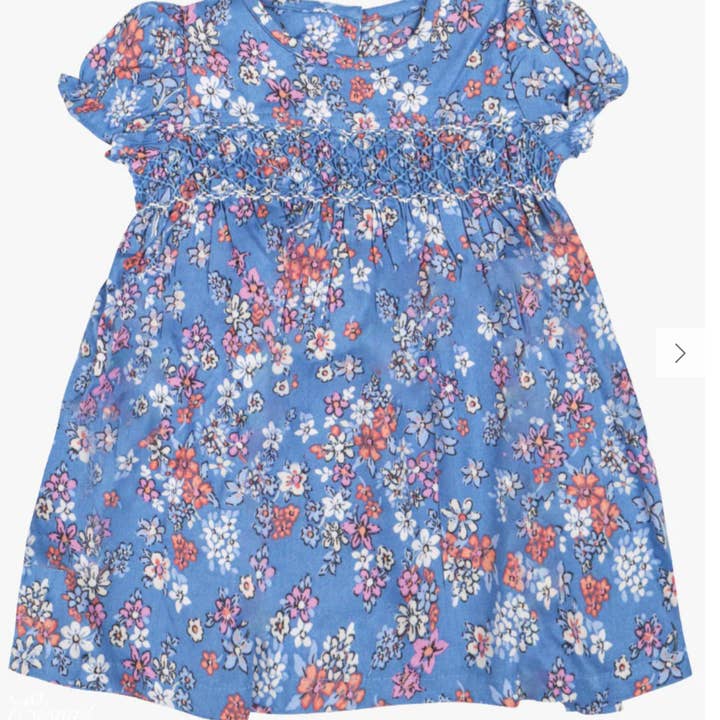 Blue Floral Hand Smocked Margot Dress with Puffed Sleeves for wholesale by Maison Sunny