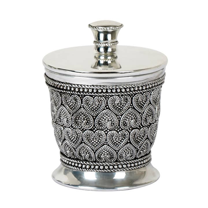 Beaded Heart Cotton Jar in Moulded Metallic Resin & Metal for wholesale by nu steel