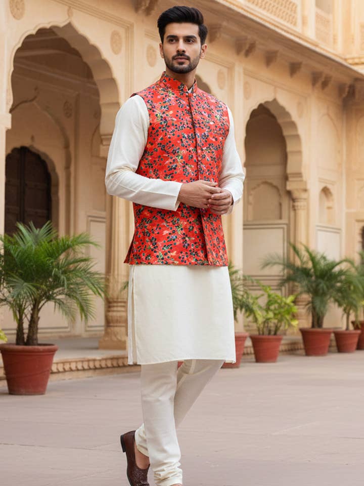 Men’s Red Floral Print Nehru Jacket with Ivory Kurta Pajama for wholesale by Masculine Moda