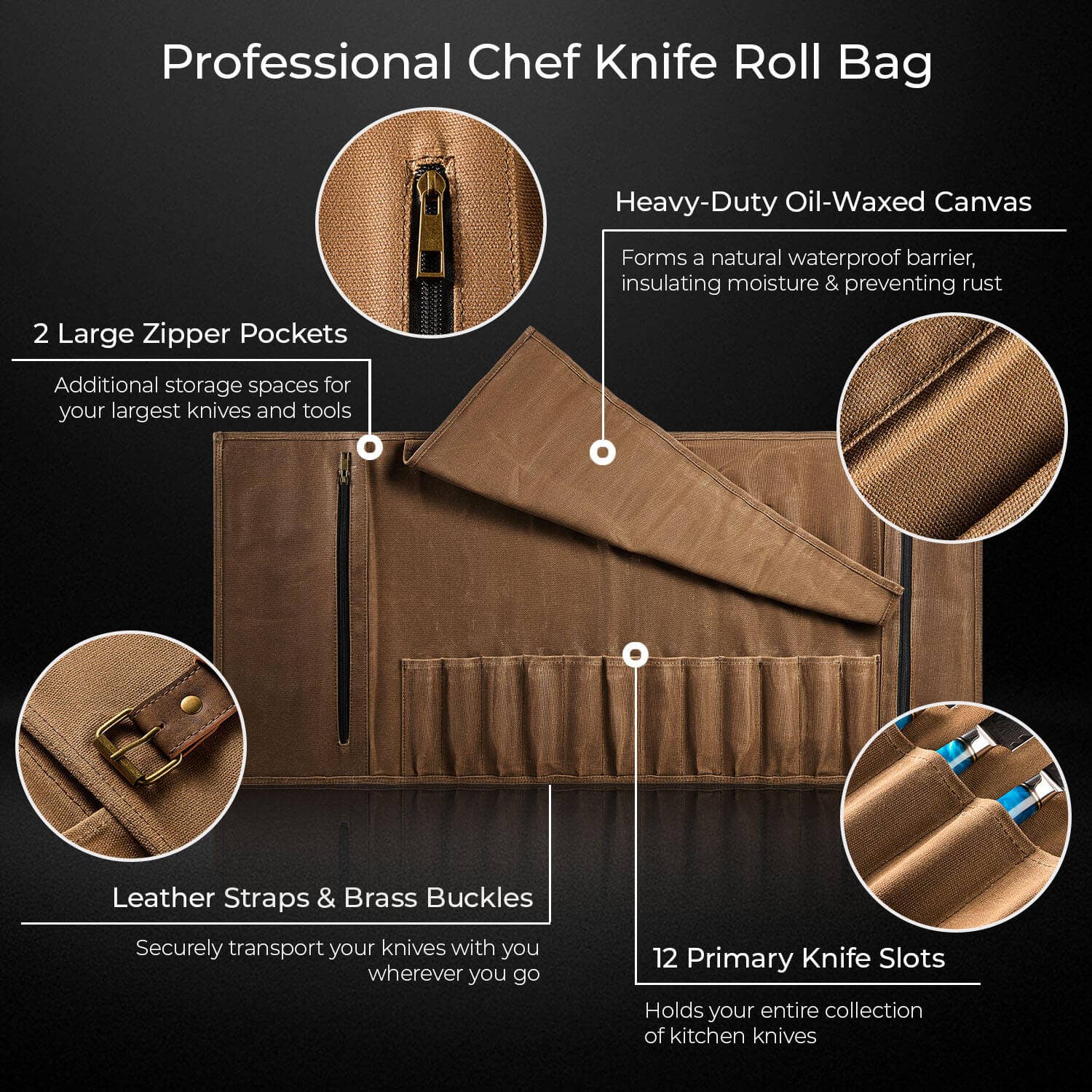 Senken Knives – wholesale Knife storage – Leather Oil-Waxed Chef Knife Roll Bag with Shoulder Strap2