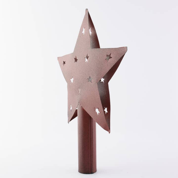 Tin Star Tree Topper with Star Cut Outs, Red 13 inch Tall for wholesale by Birch Maison