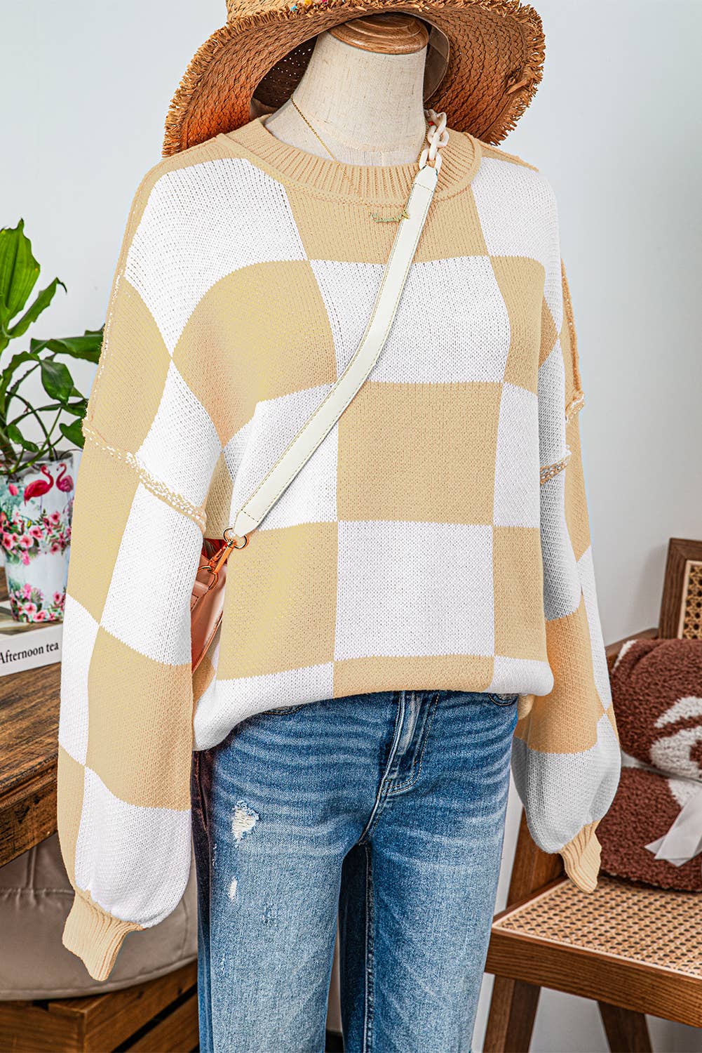 fashionworks - Wholesale Knit Sweater - Women's - Fashion-W Checkered Bishop Sleeve Sweater*S-2XL23