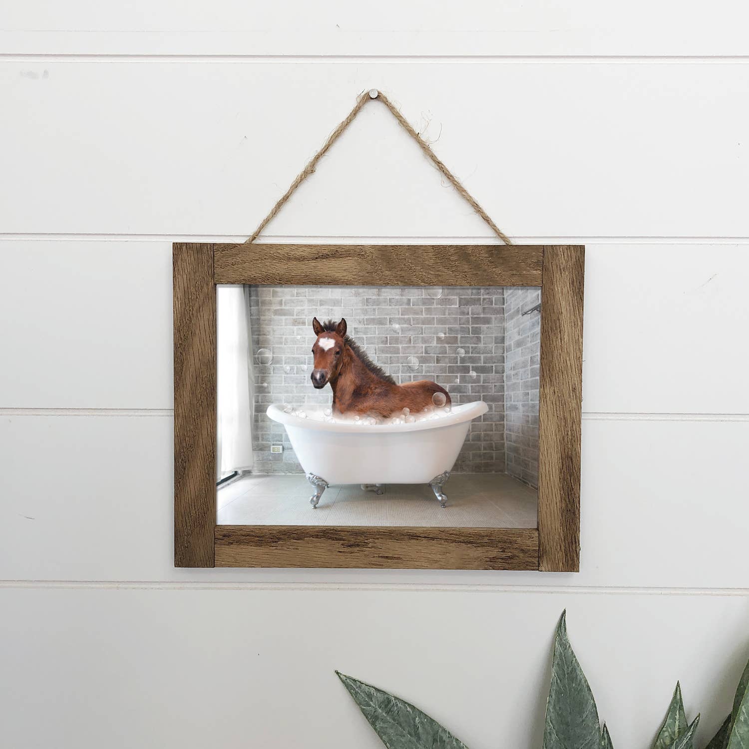 Hangout Home - Wholesale Bathroom Sign - Horse in Bathtub Funny Bathroom Wood Sign Framed0