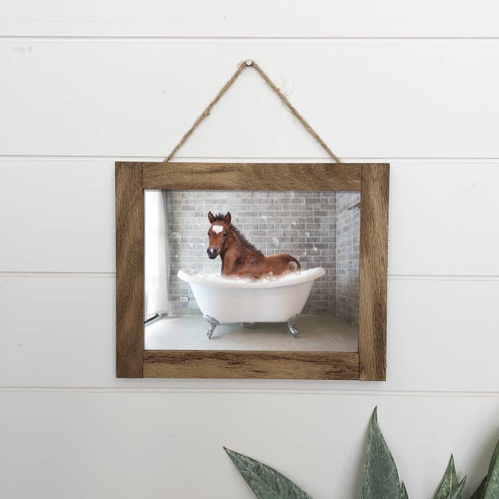 Hangout Home - Wholesale Bathroom sign - Horse in Bathtub Funny Bathroom Wood Sign Framed