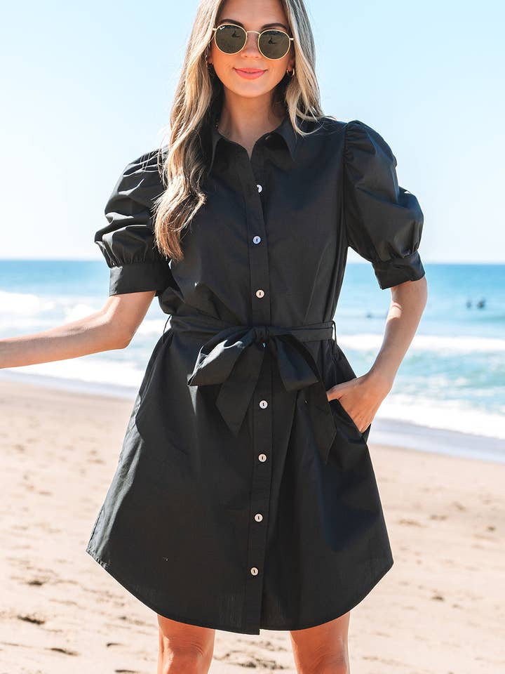 Malaya-Knopfbluse mit Taillenbindung und Puffärmeln im Minikleid-Stil für den Großhandel von Threaded Pear