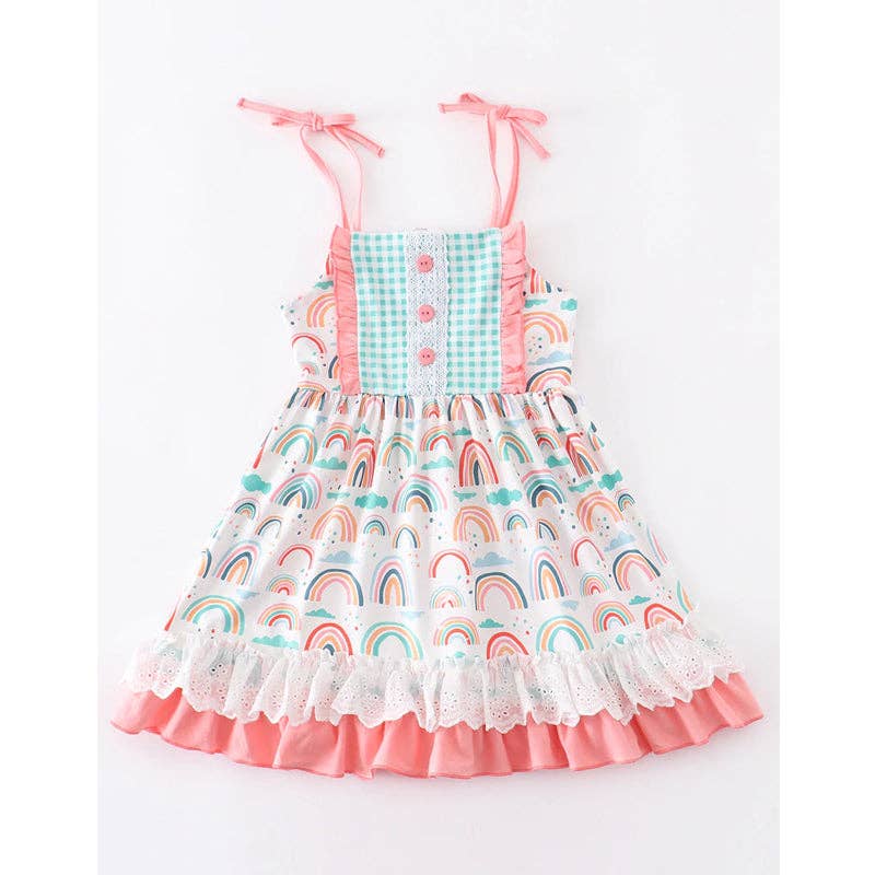 Miss Q Baby – Engroshandel Kjole - Børn – Pink Plaid Rainbow Ruffle Kjole