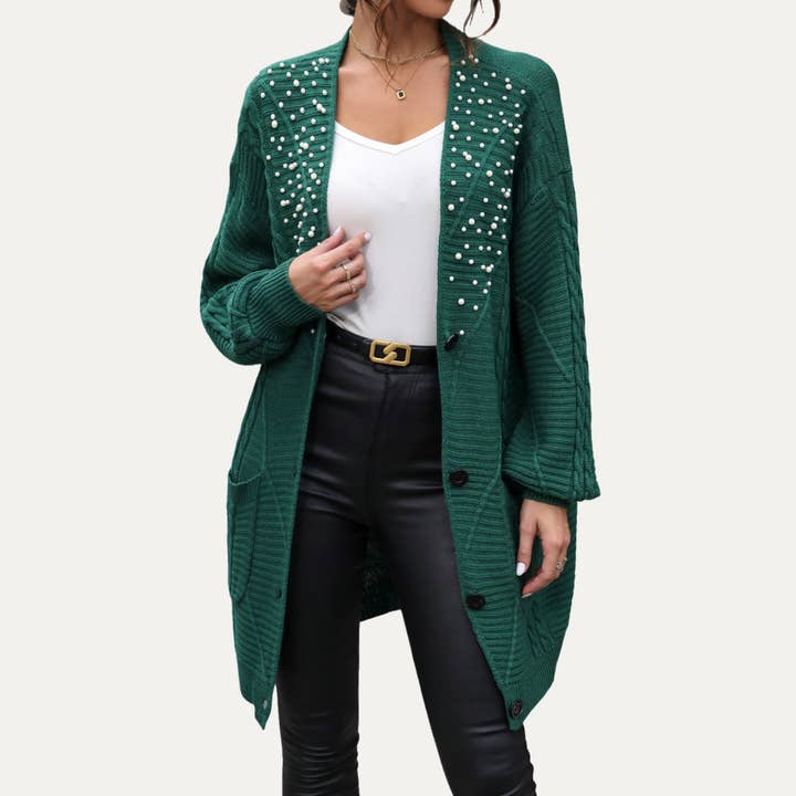 Verde cazador suéter de punto trenzado con detalles de perlas verdes navideñas de venta al por mayor en Faire8